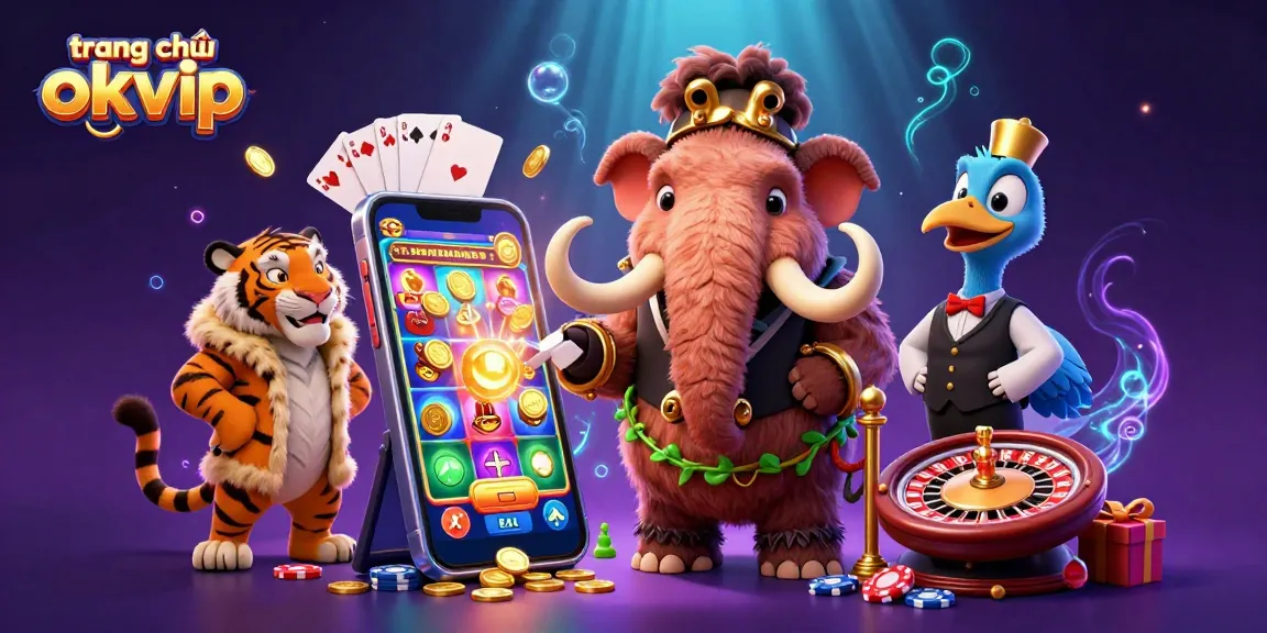 Experience the excitement at trang chủ okvip with a vibrant 3D casino scene featuring iconic characters and games.