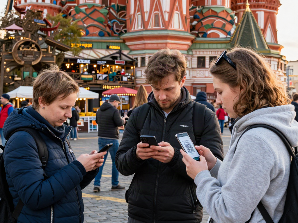 Toeristen gebruiken https://payinrussia.com/ QR-codes voor eenvoudige betalingen in Moskou, met een drukke stadsomgeving.