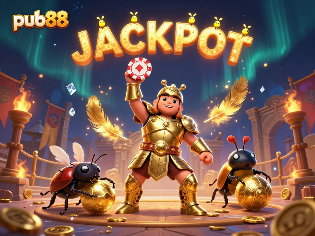 Experience the excitement of jackpot wins with pub88 in this vibrant illustrated casino scene featuring a victorious hero.