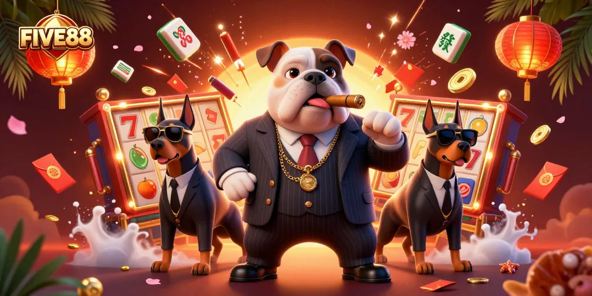 Engage with FIVE88's thrilling gaming experience featuring a mafia bulldog and Doberman guards.