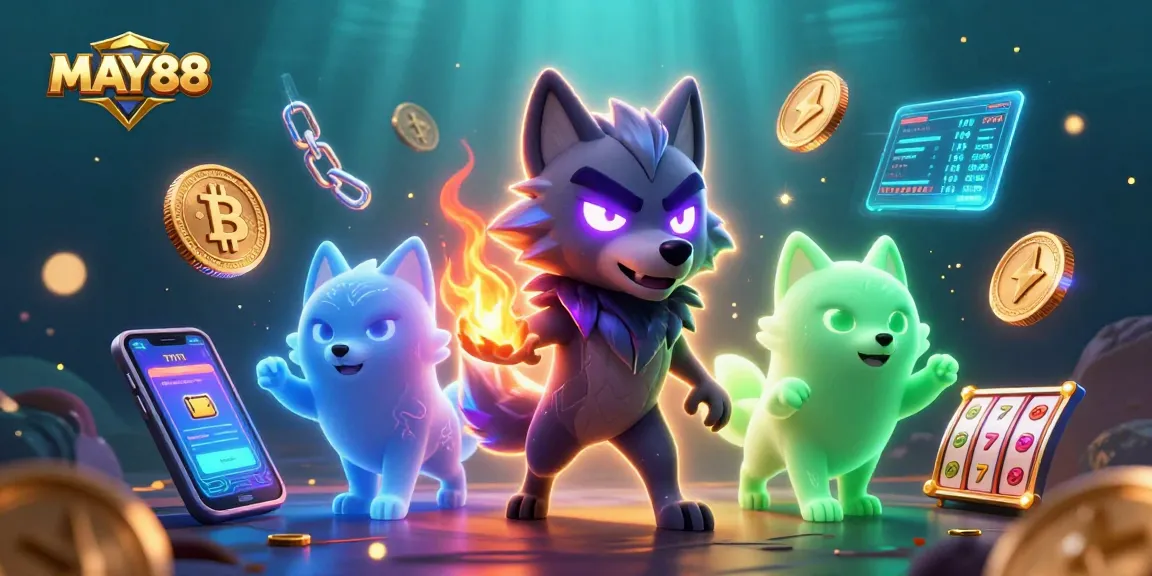 MAY88 showcases a thrilling scene with glowing ghost wolves and crypto-themed elements, perfect for engaging gamblers.