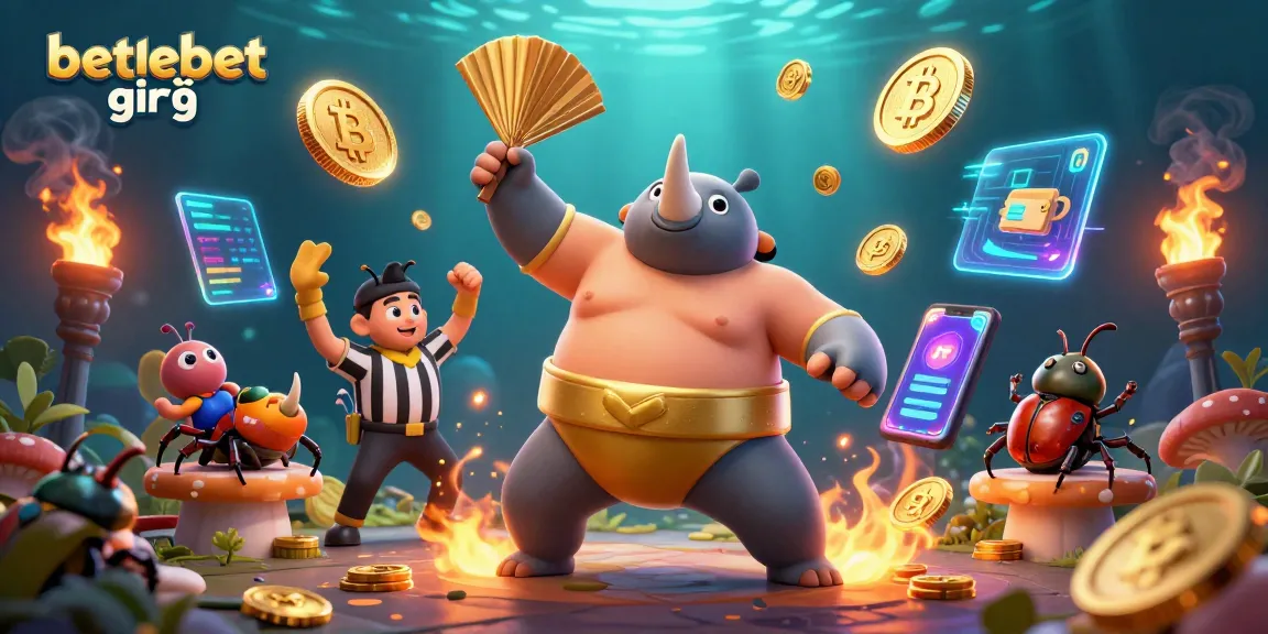 Betebet giriş provides a dynamic scene with a beetle sumo champion surrounded by glowing crypto elements.