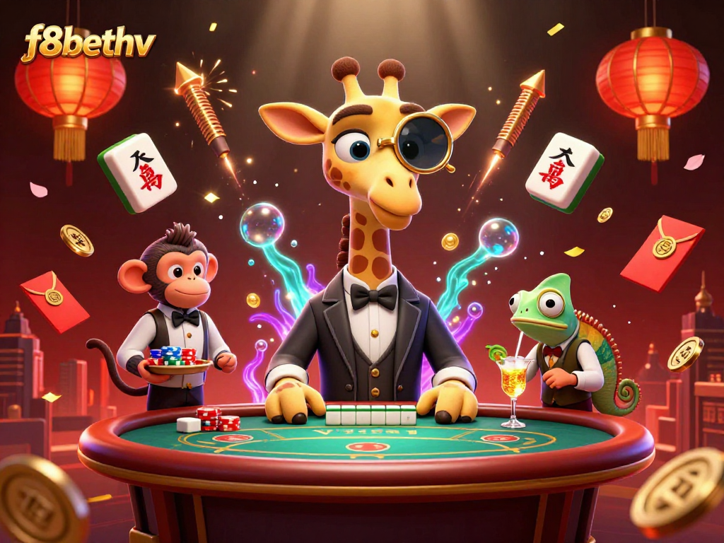 Experience the thrill of gaming at f8bethv with vibrant characters and festive casino elements.
