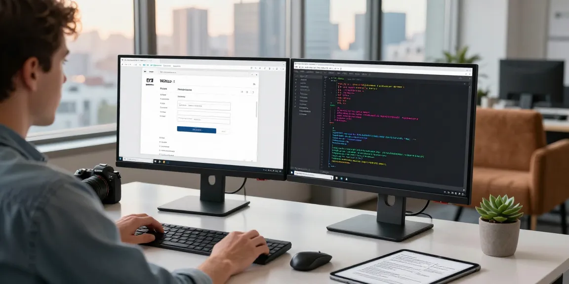 Download WPS Office page displayed on a dual-screen setup in a modern software developer's workspace, showcasing productivity.