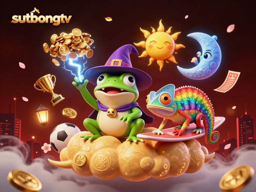 Experience the excitement of sutbongtv with vibrant 3D illustration featuring dynamic gambling elements and spirits.