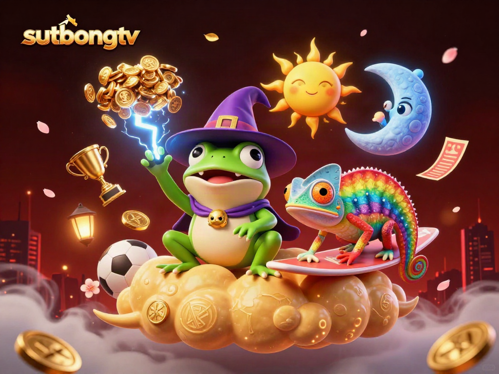 Experience the excitement of sutbongtv with vibrant 3D illustration featuring dynamic gambling elements and spirits.