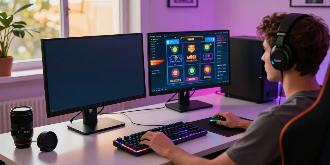Engaged player enjoying DA88 slot games with dual monitors and gaming setup.