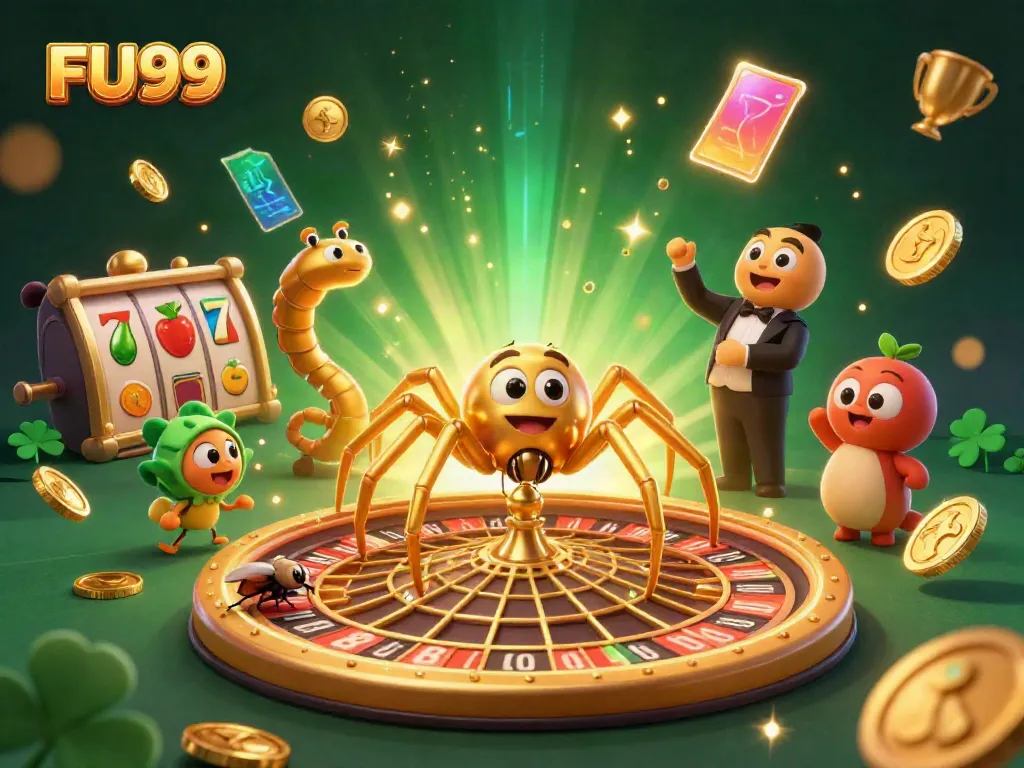 Experience the excitement of FU99 with a spider dealer at a roulette wheel, surrounded by slot games and golden coins.