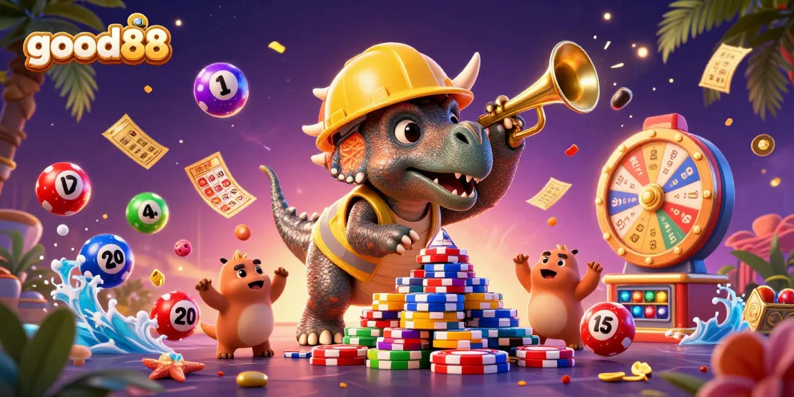 Engage with good88 gaming through a vibrant 3D scene featuring dynamic characters celebrating wins.