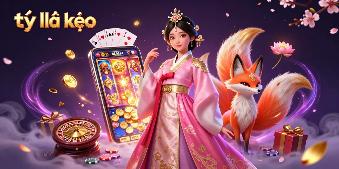 Engage with tỷ lệ kèo in an enchanting scene of a lady in hanbok with a lucky fox and vibrant casino elements.
