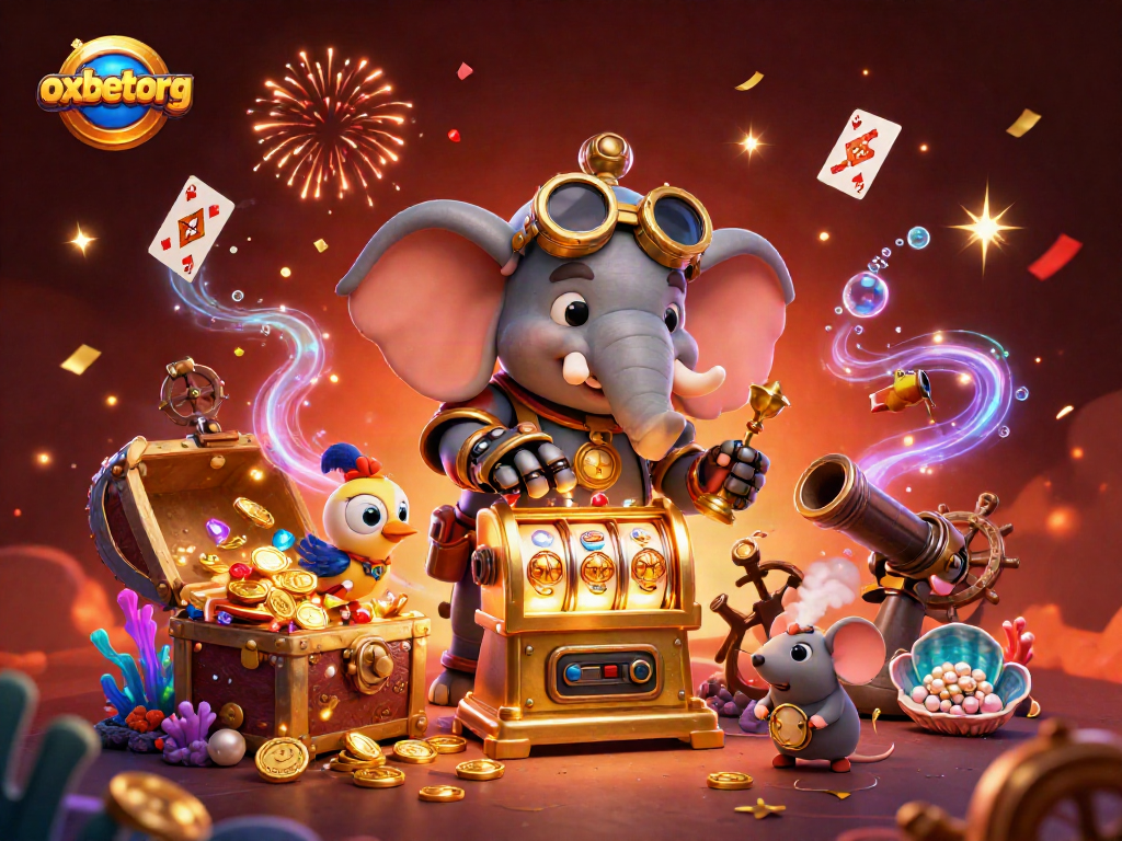 Spin the golden slot machine with oxbetorg’s steampunk elephant engineer amidst a treasure-filled scene