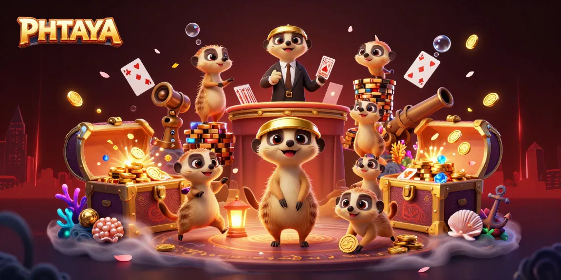 Engage with PHTAYA's vibrant gaming atmosphere in this cartoon illustration of meerkats running a casino.
