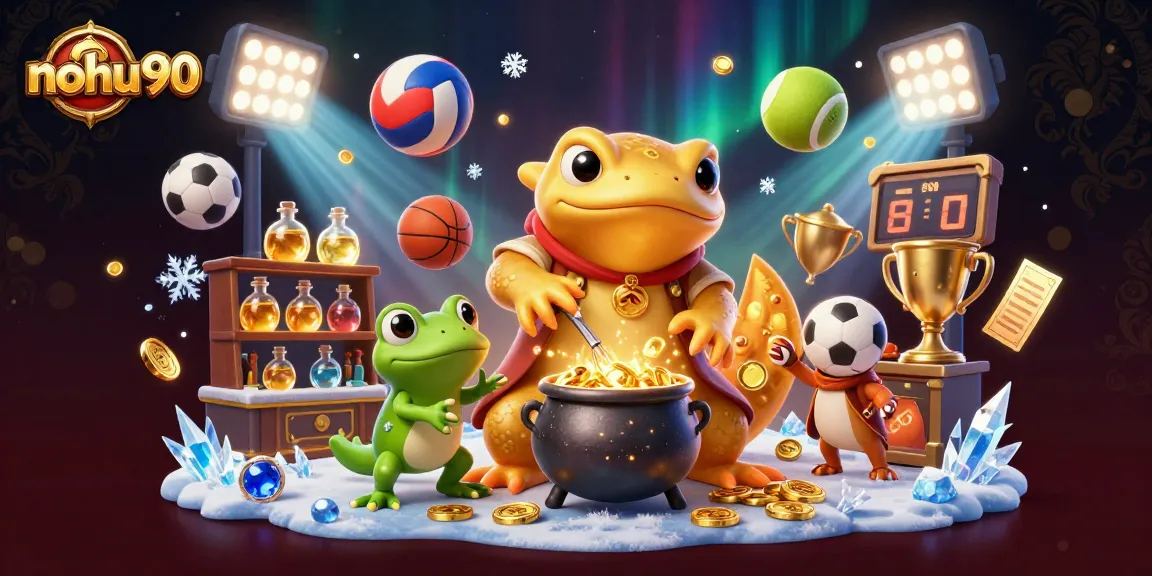 Experience nohu90 with a vibrant 3D illustration showcasing a magical casino scene filled with sports elements.