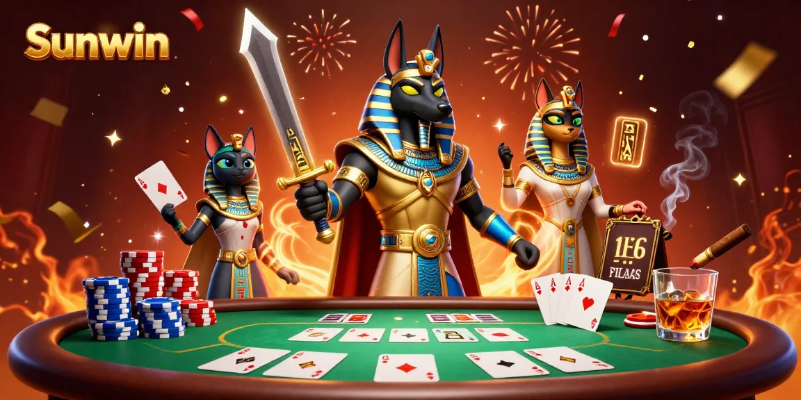 Experience the thrilling ambiance of Sunwin Casino with Anubis and Bastet amidst vibrant poker elements.