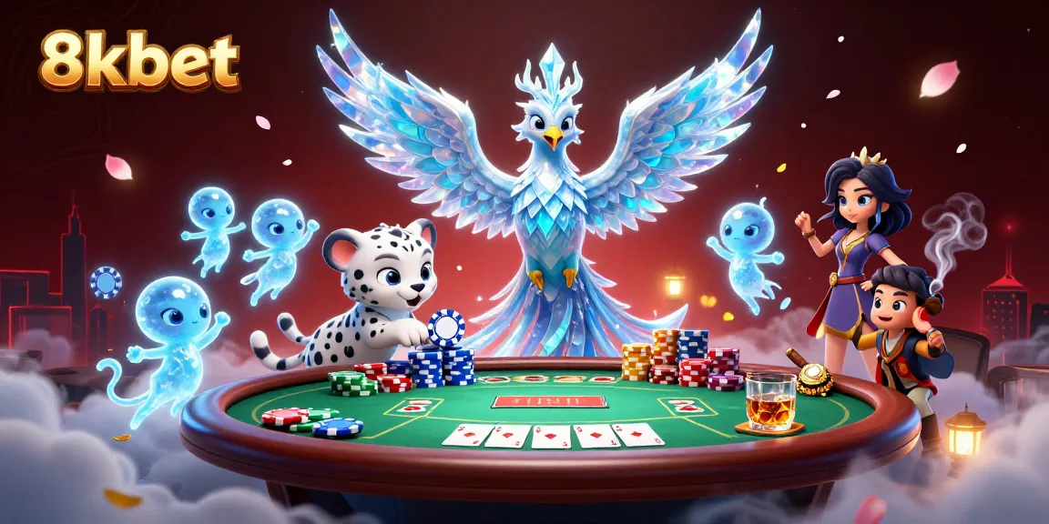 Engage with 8xbet's dynamic poker scene featuring an ice phoenix, snow leopard cub, and vibrant gaming elements.