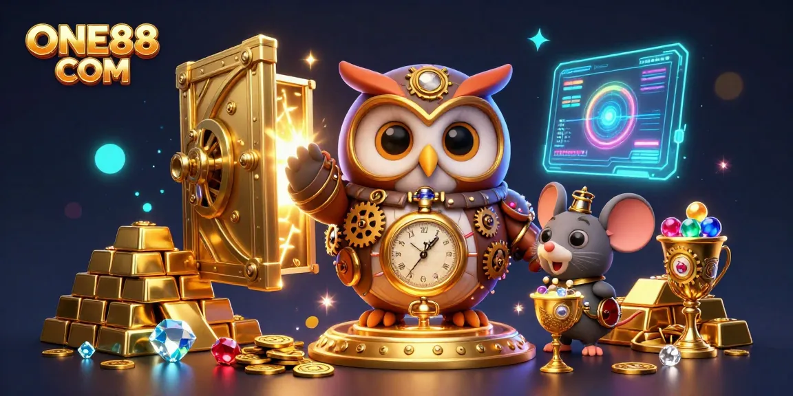 Experience the exciting world of ONE88 COM with a vibrant 3D casino scene filled with treasures and fun.