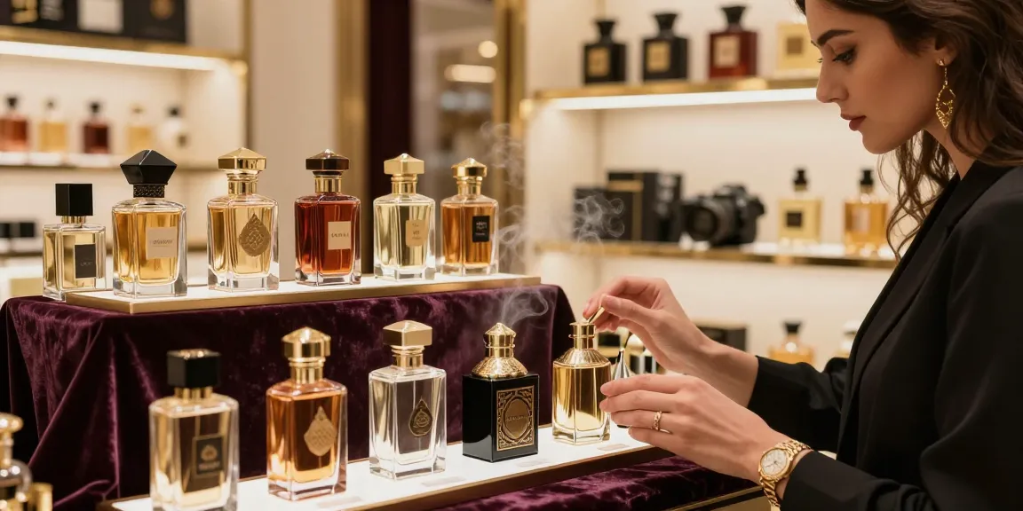 Een stijlvolle vrouw kiest een fles Arabisch parfum in een luxe winkel, omgeven door prachtige flacons.