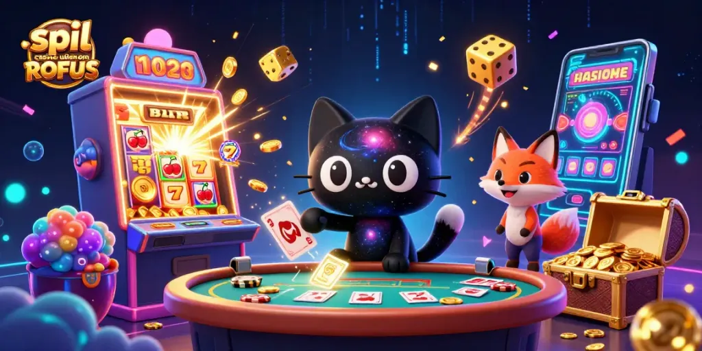 Engage in spil casino uden om ROFUS with vibrant cosmic characters amid a jackpot explosion.