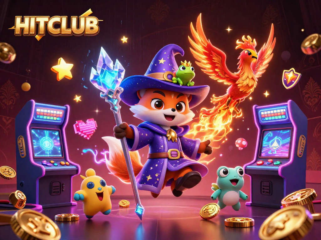 Play thrilling games at HITCLUB, where a mystical wizard, phoenix, and vibrant arcade elements create an enchanting atmosphere.