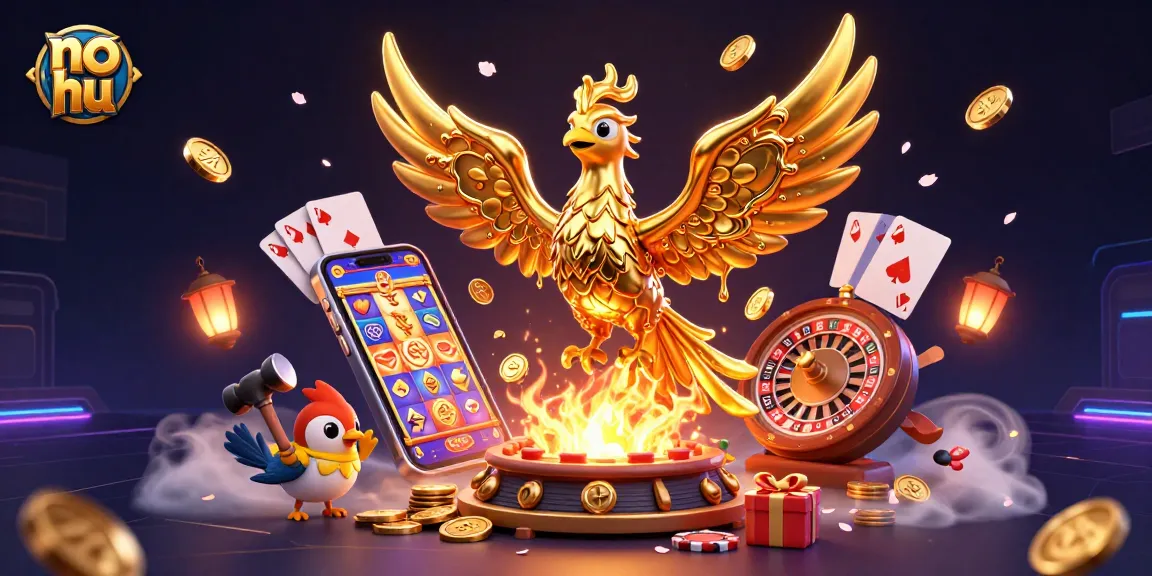 Engage with no hu's exciting 3D gaming scene featuring a golden phoenix and vibrant slot symbols.