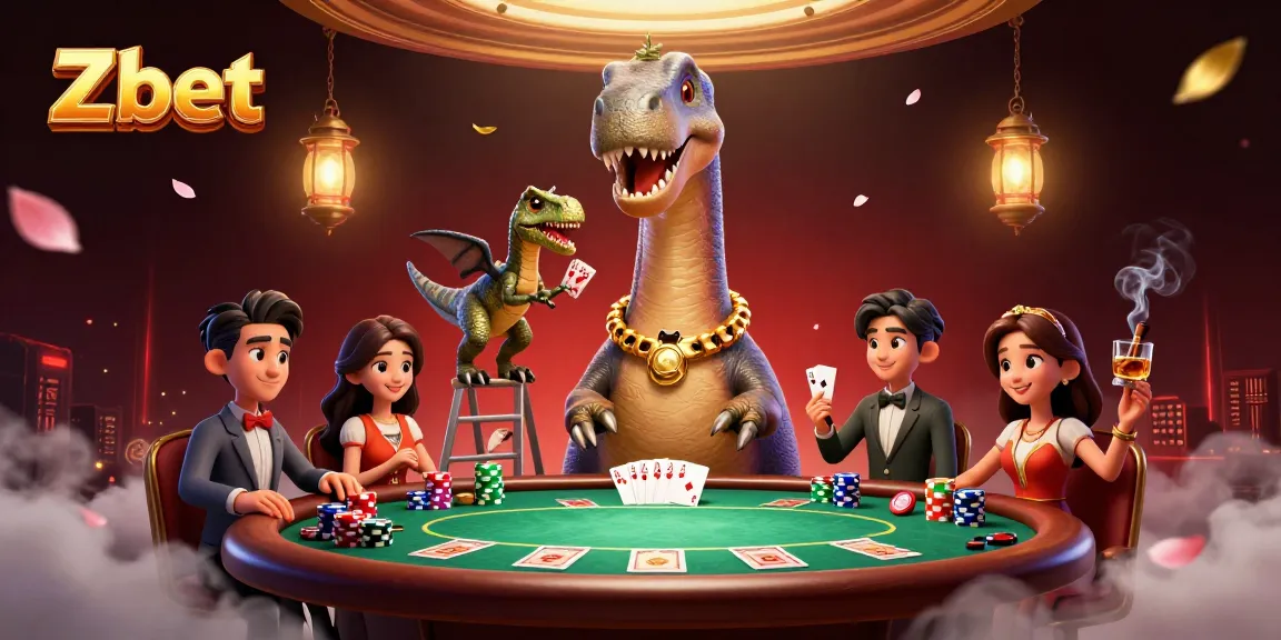 Zbet features a massive cartoon brontosaurus overseeing an exciting poker game with colorful elements.