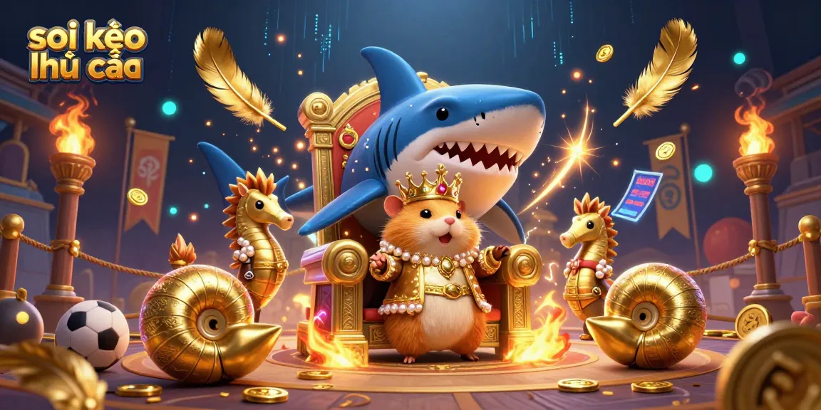 Engage with soi kèo nhà cái through a vibrant 3D illustration capturing a fierce hamster king on a megalodon throne surrounded by sports betting elements.
