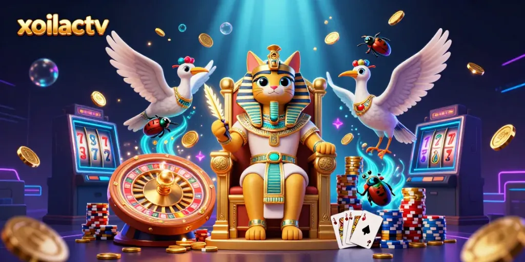 Xoilactv showcases an Egyptian pharaoh cat thriving in a vibrant, dynamic casino scene with golden riches.