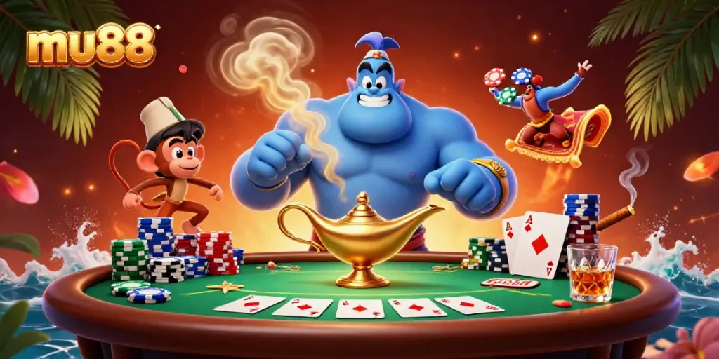 Engage in stunning mu88 gameplay with a vibrant illustration of a genie and poker scene.