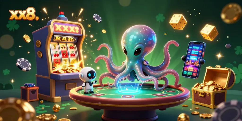 Experience the excitement of xx8. with a vibrant 3D illustration of a cartoon alien octopus operating a floating poker table.