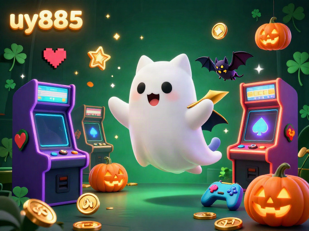Experience the fun of uy885 with a floating ghost cat and casino-themed elements in this vibrant illustration.