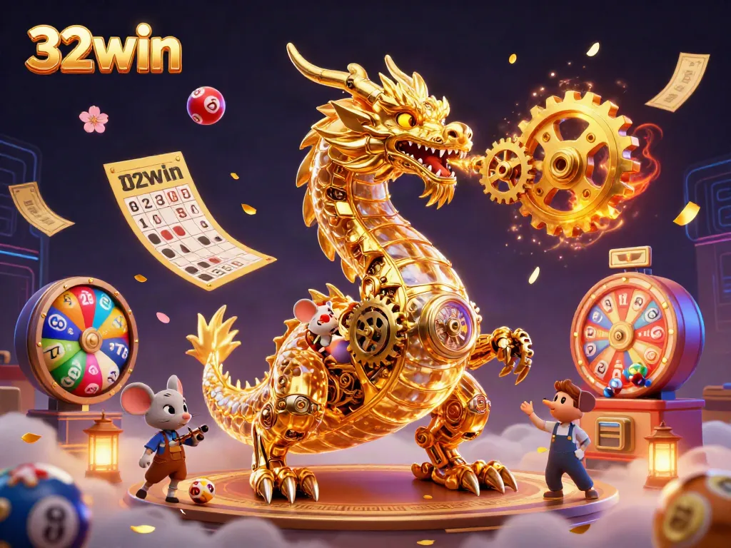 Experience the thrills of 32win with a vibrant illustration featuring a golden dragon amidst lively gaming elements.