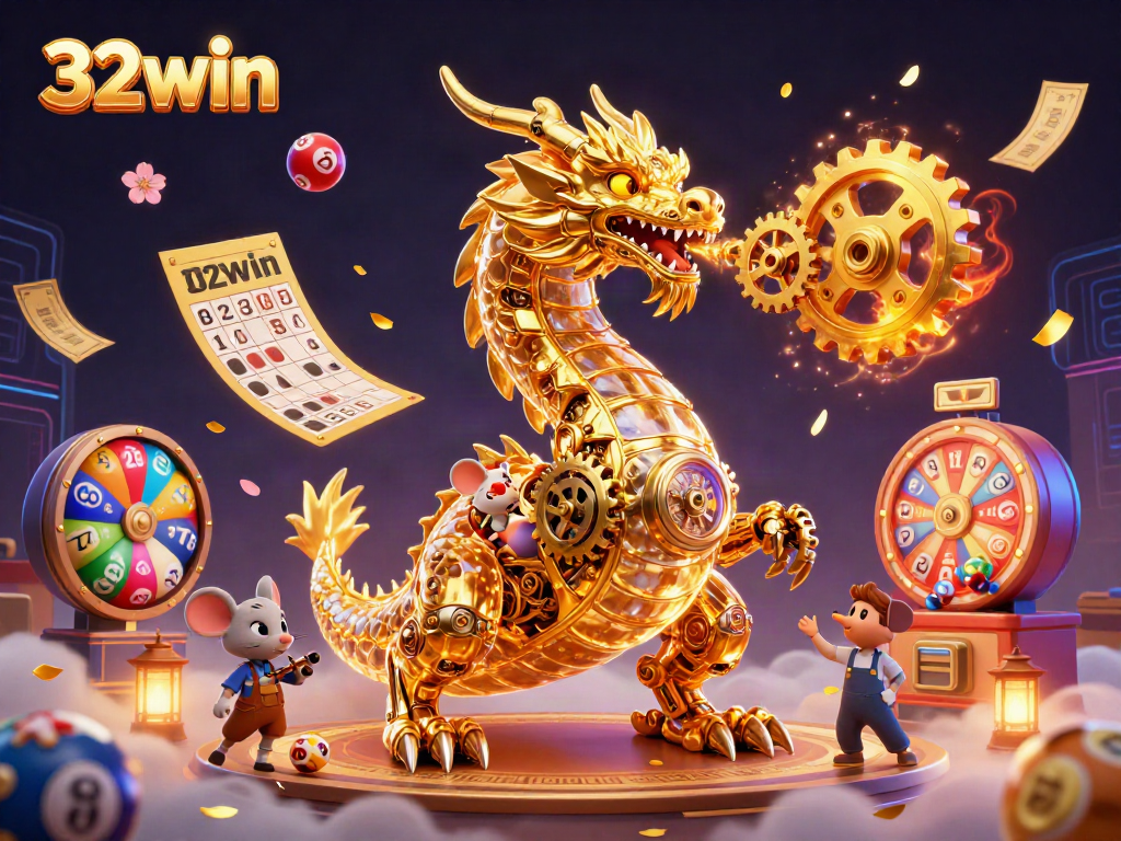 Experience the thrills of 32win with a vibrant illustration featuring a golden dragon amidst lively gaming elements.