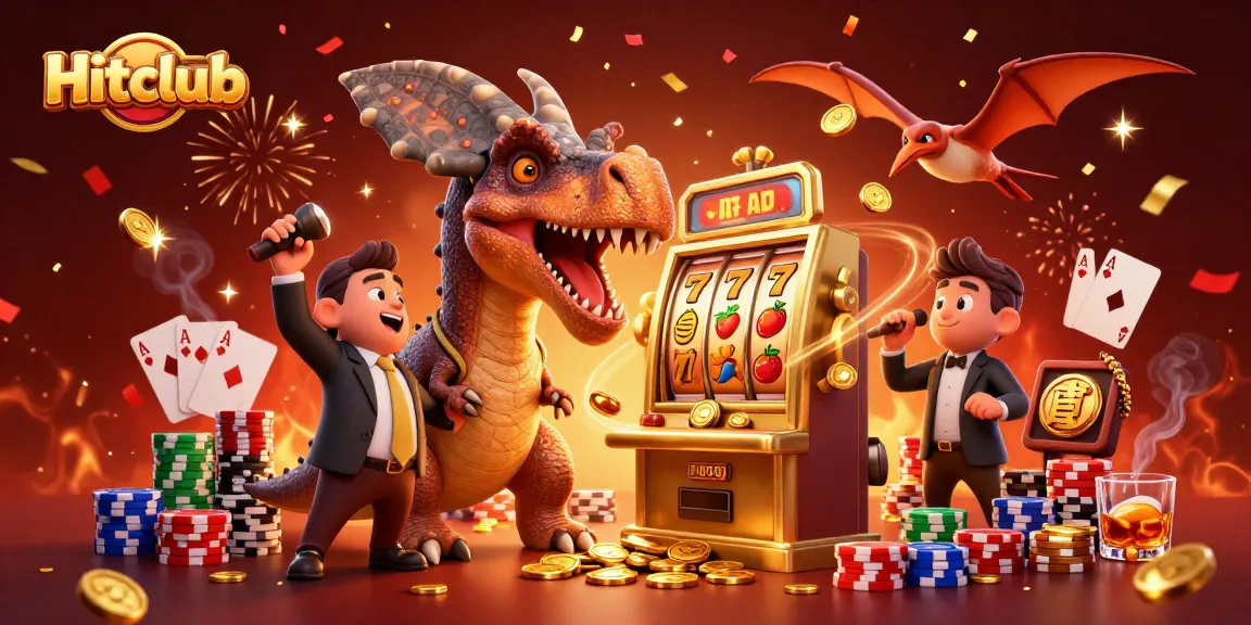 Experience the thrill of Hitclub with a dinosaur hitting a jackpot in a vibrant casino scene.