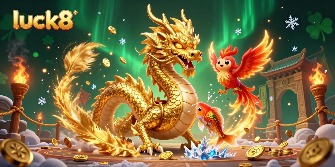 Experience vibrant gaming at luck8 with a majestic dragon and phoenix amidst dazzling gold coins.
