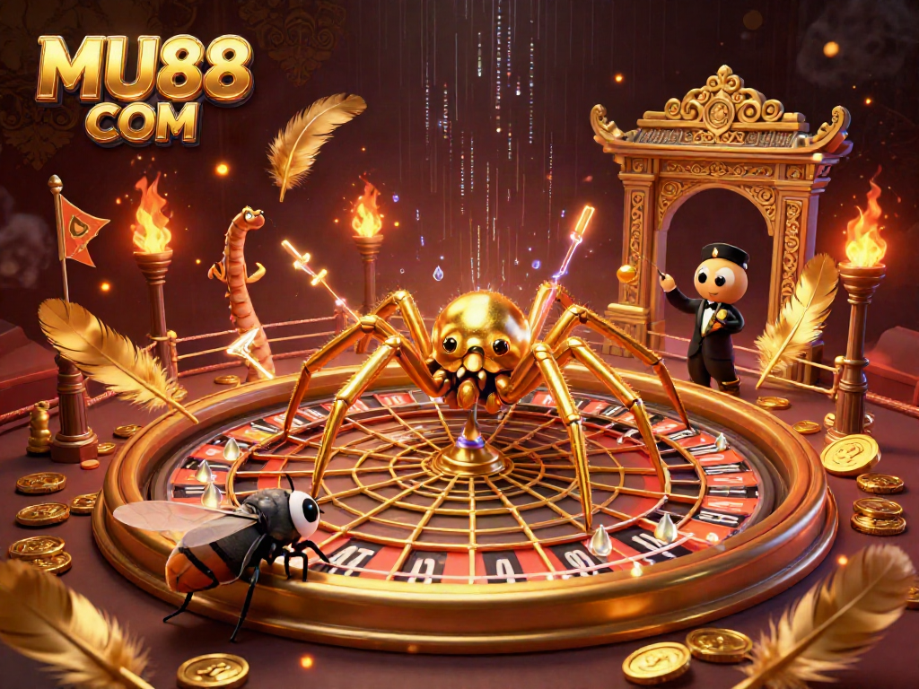 Experience thrilling bets at MU88 COM with an ultra-detailed 3D casino illustration featuring a golden spider and a centipede croupier.