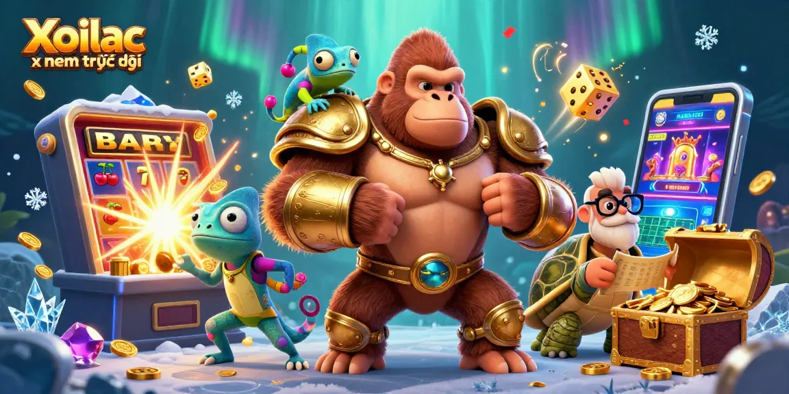 Xoilac xem trực tiếp offers an exciting scene with casino characters celebrating wins amidst flying slot symbols and a joyful atmosphere.