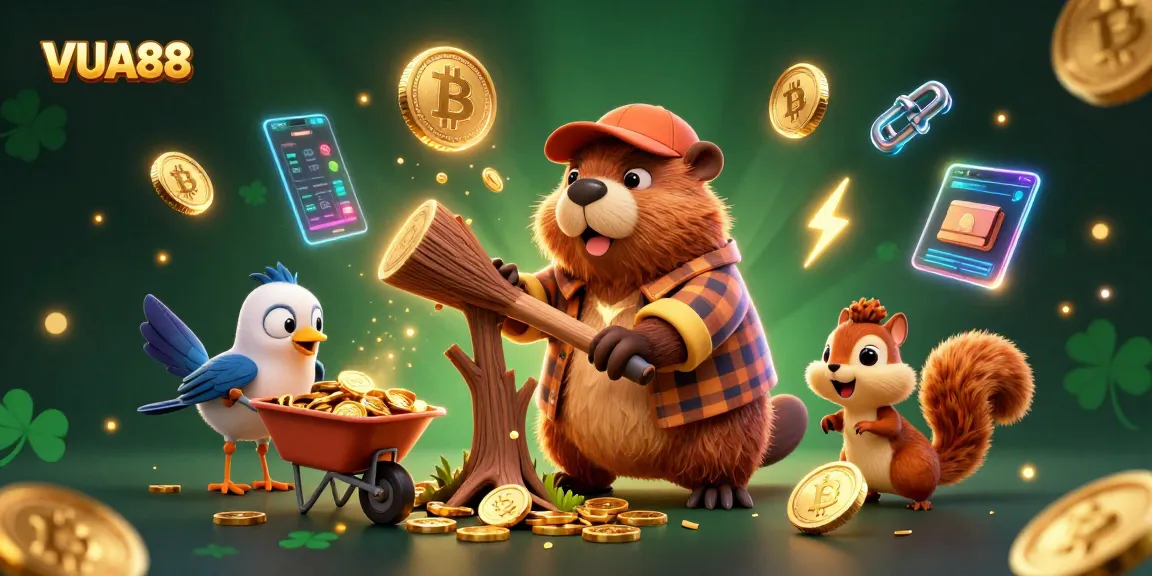 Experience the excitement at VUA88 with vibrant illustrations of a beaver, coins raining down, and crypto elements.