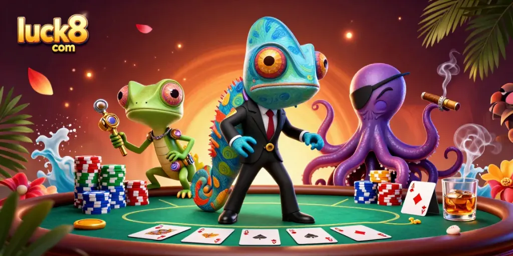 Experience thrilling play with luck8 com in this dynamic poker scene featuring a chameleon agent!