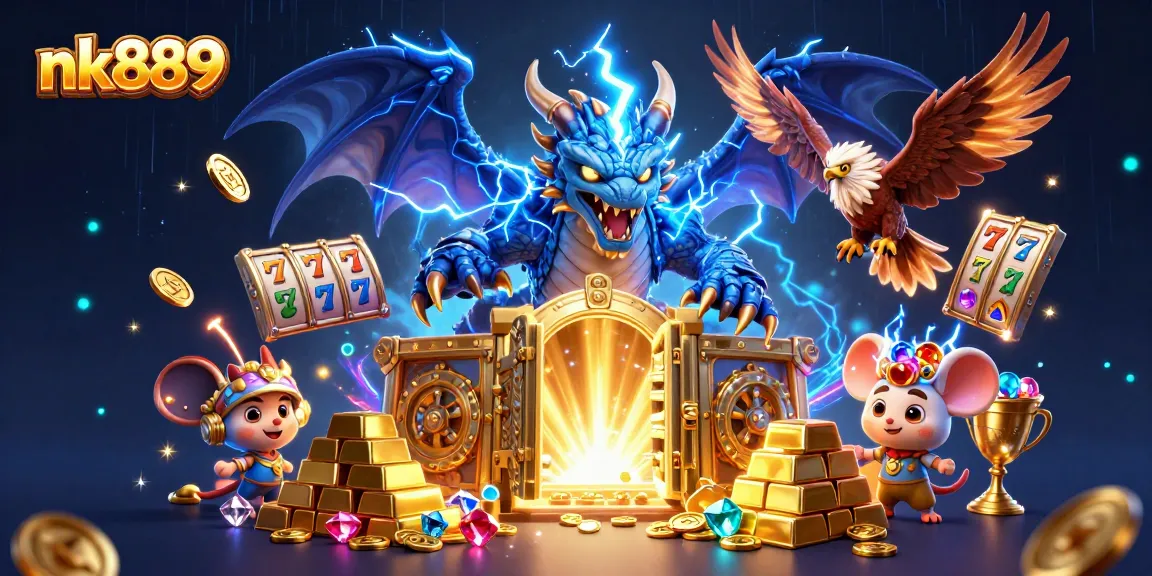 Engage with nk889 and unleash thrilling slots action in this vibrant 3D casino scene.