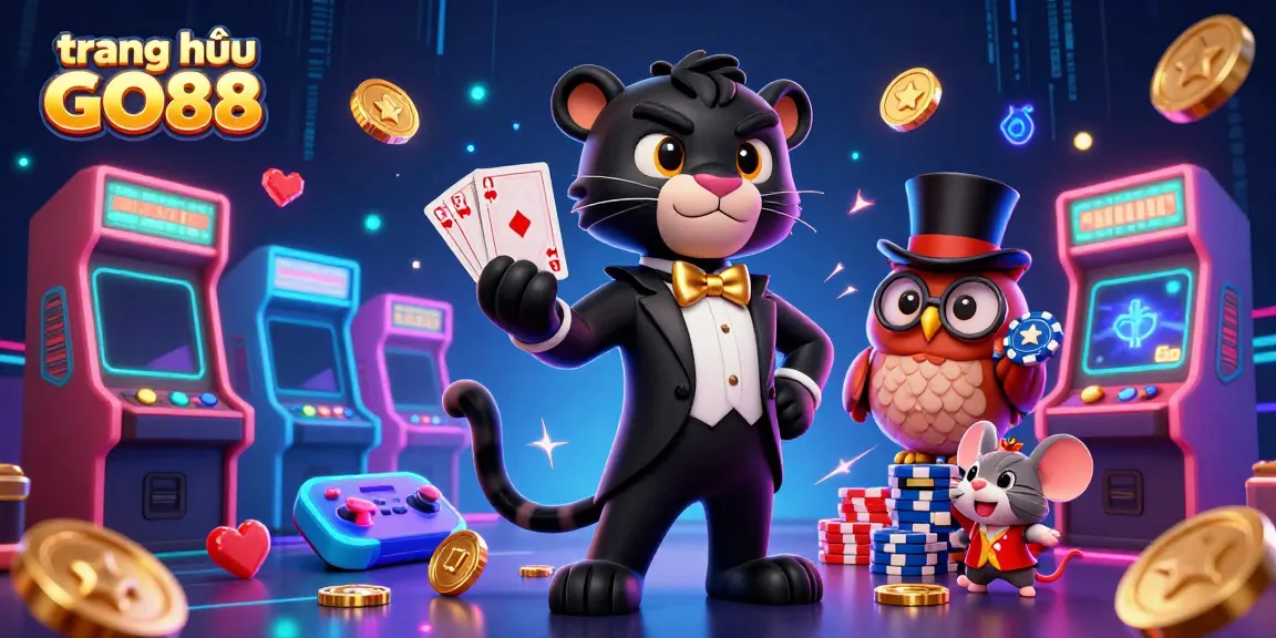 View the vibrant scene at trang chủ GO88 where a stylish panther deals cards, supported by a wise owl and a lucky mouse.