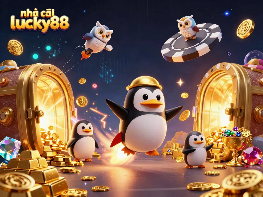 Experience the excitement of nhà cái lucky88 as a golden penguin blasts through space toward a casino chip!