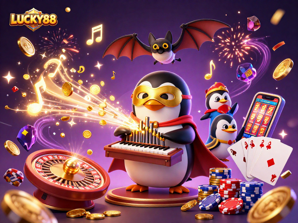 Experience a lively scene at LUCKY88 with a penguin organist and dazzling casino elements