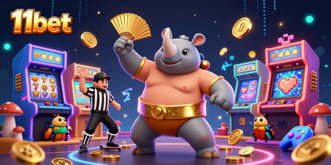 Experience the excitement of 11bet with a vibrant illustration featuring a sumo beetle champion and arcade elements.