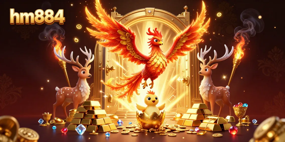 Engage with the vibrant world of hm884 featuring a phoenix and treasures in a casino scene.