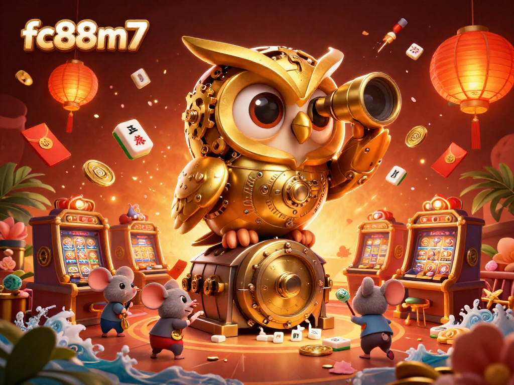 Experience thrilling gameplay at fc88m7, showcasing a golden owl surveying lively slot machines and festive decorations.
