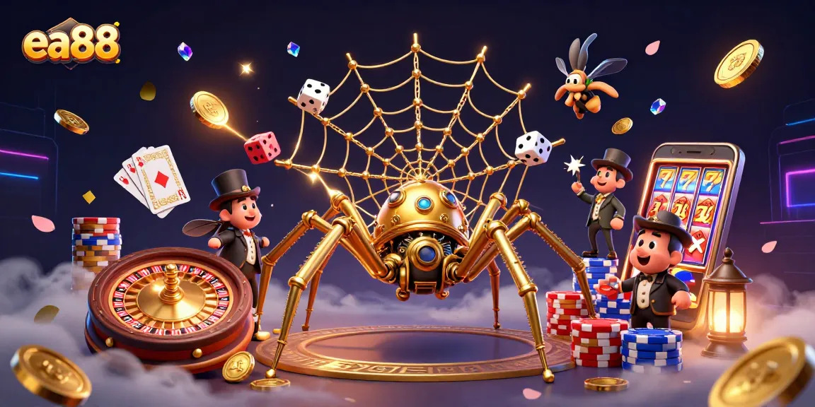 ea88 catches unlucky dice in a vibrant steampunk casino scene, showcasing golden spiders and high-stakes elements.