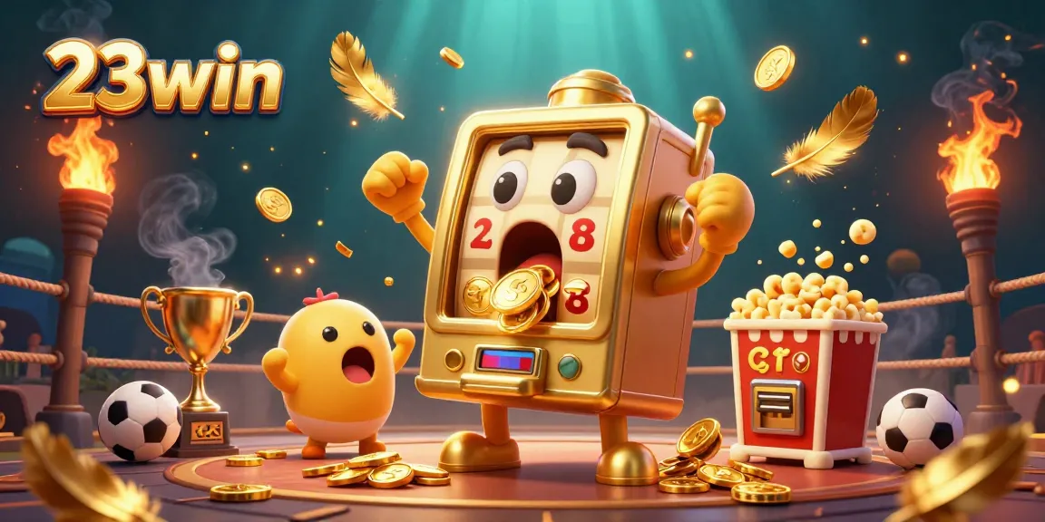 Experience the thrilling jackpot of 23win as golden coins pour from a cartoonish slot machine, capturing the excitement of gaming.