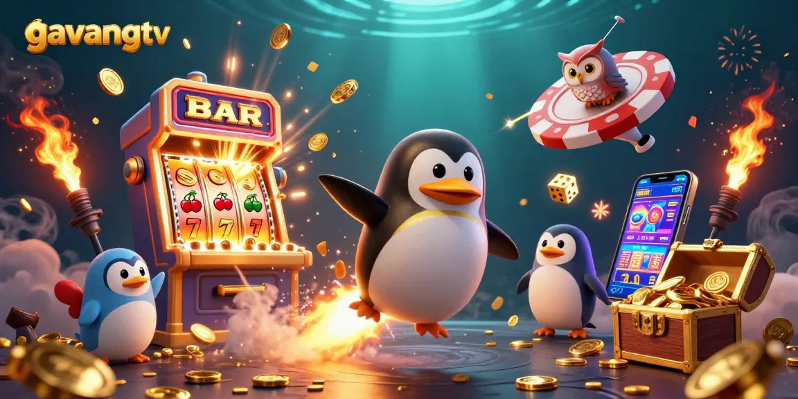 Experience the excitement of gavangtv's casino world with a vibrant 3D illustration of a golden penguin adventure.
