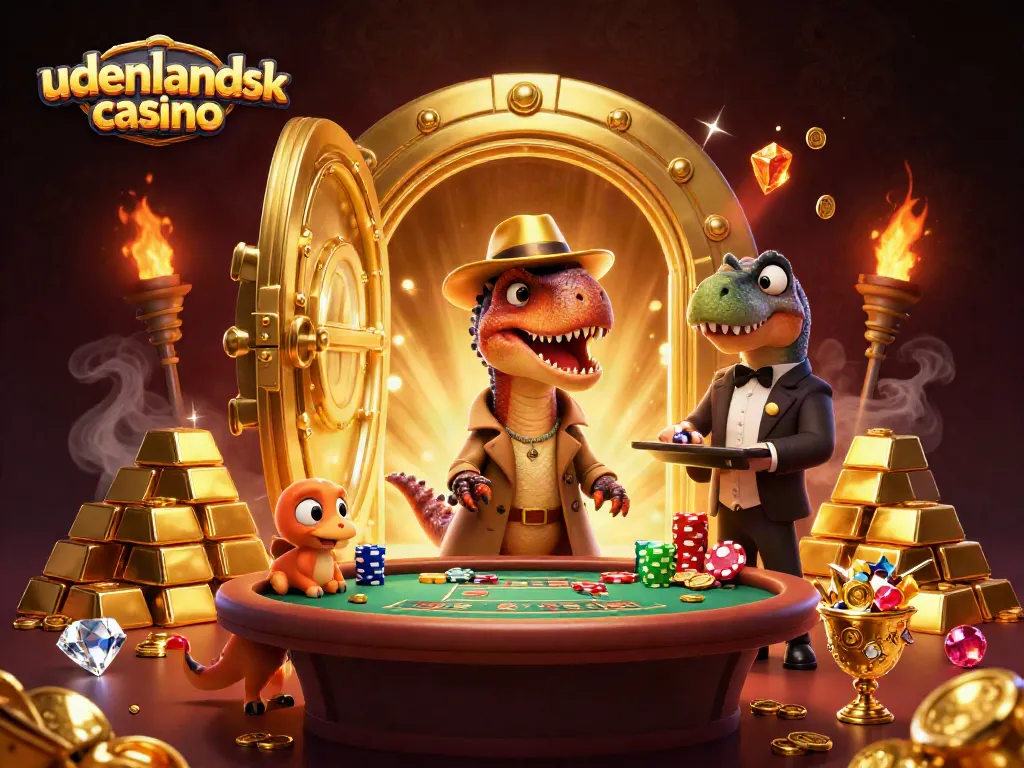 Experience the excitement of udenlandsk casino as a velociraptor tests his luck at blackjack.