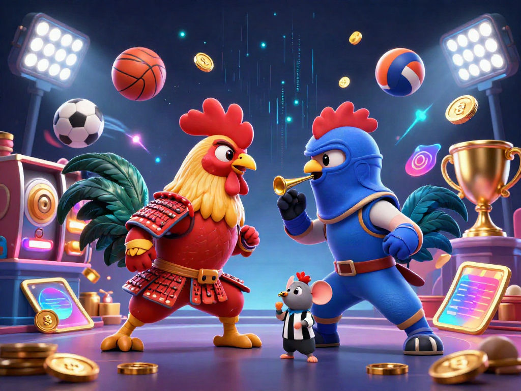 Experience the excitement of xin88 with twin cartoon fighting roosters amidst dynamic sports elements and energy.